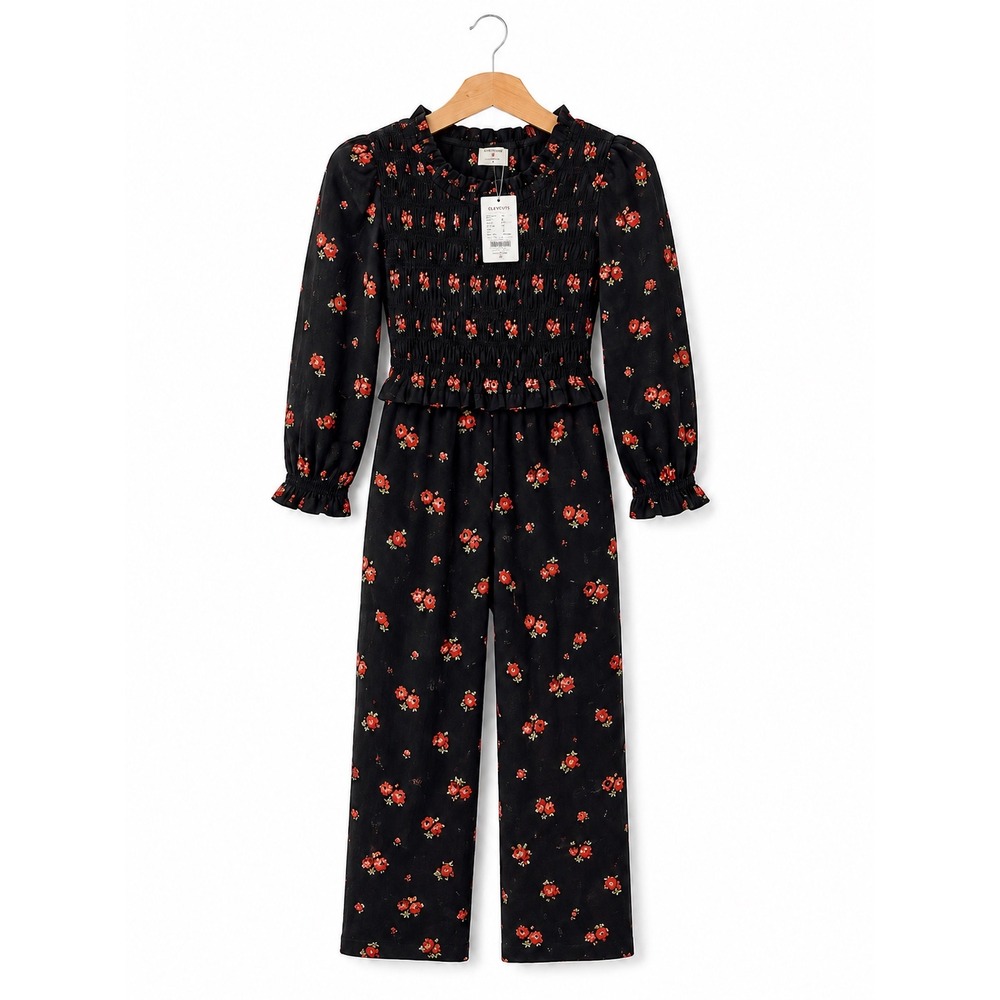 Crewcuts Girls Size 5 Black Floral Smocked Jumpsuit Long Sleeve BM575 NWT